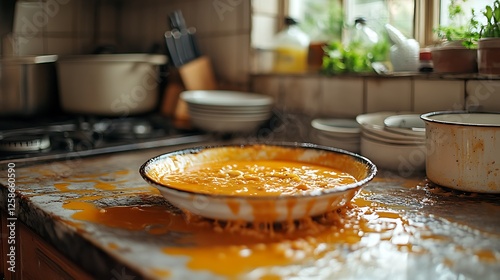 Spilled soup drying on a dirty kitchen counter surrounded by unwashed dishes