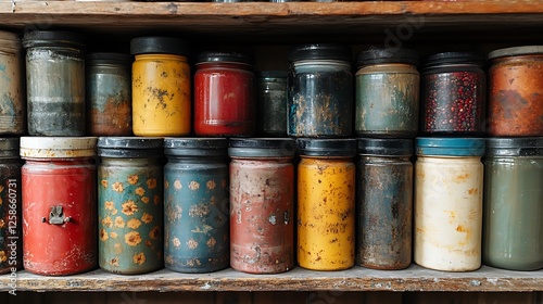 Unlabeled and expired food containers in a dusty storage rack