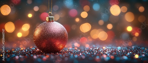 Red Glitter Christmas Ornament with Bokeh Lights