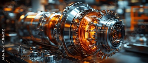 Close-up of a Complex Metallic Machine with Glowing Orange Interior