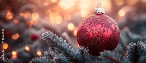 Red Christmas Ornament Hanging on a Frosted Pine Branch