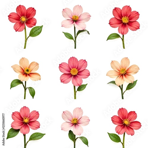 A pattern of spring pink and yellow flowers on a white background.