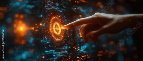 A finger touching a glowing circular interface on a dark background.