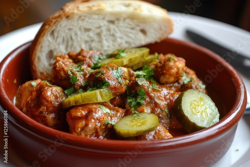 Savory meatballs in spicy sauce served with fresh bread and pickles