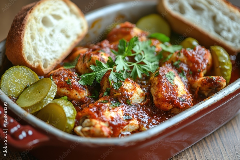 Delicious chicken dish served with pickles and bread in a rustic setting Delicious chicken dish served with pickles and bread in a rustic setting
