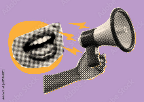 loudspeaker and open mouth in retro halftone style,paper collage element, megaphone with female lips