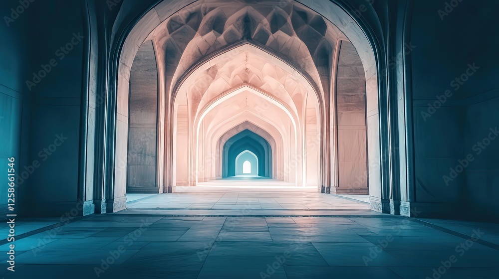 Fototapeta premium Serene architectural passage with illuminated arches leading to a distant light, evoking tranquility