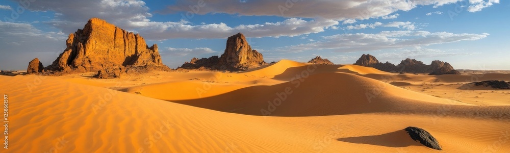 Panoramic photograph of the desert in Mali, featuring sand dunes and rock formations Panoramic photograph of the desert in Mali, featuring sand dunes and rock formations