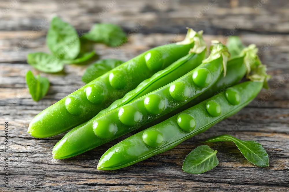 Fresh green peas on rustic wooden surface Fresh green peas on rustic wooden surface