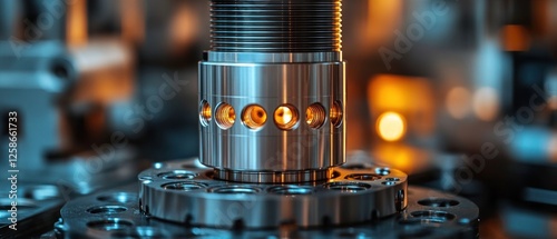 Close-up of a Shiny Metal Industrial Component with Circular Holes and Grooves