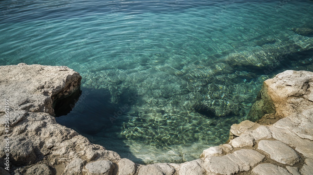 A tranquil small pool reflects surrounding nature, bordered by a rugged rock ledge, creating a serene and picturesque landscape.