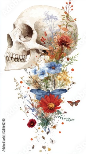 Human skull with vibrant floral and faunal arrangement. Fossil Fools Day