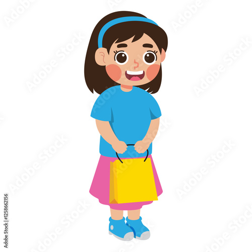 Young girl happily holding yellow shopping bag outdoors. Suitable for retail, shopping, consumerism, fashion, and lifestyle concepts in advertising and social media.