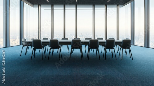 Modern Conference Room City View Minimalist Design Blue Carpet