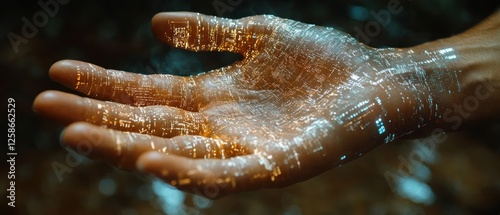 A Human Hand Glowing with Circuitry and Light