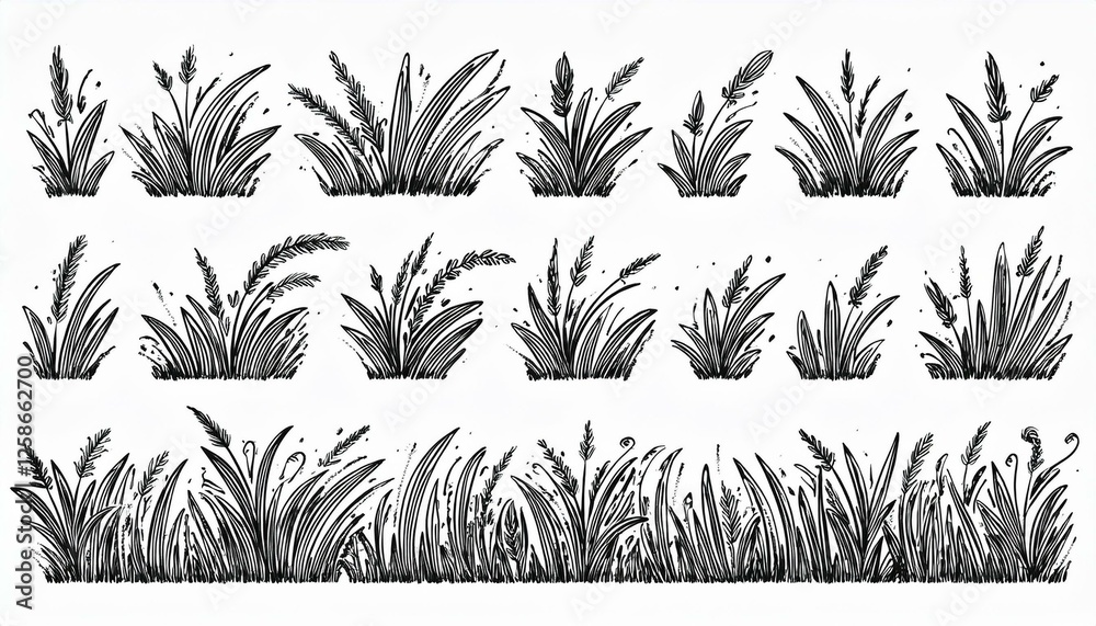 Fototapeta premium Grass doodle ink brush sketch set. Hand drawn vector grass field grunge texture brush background. Doodle herb, organic pattern elements. perfect any project.