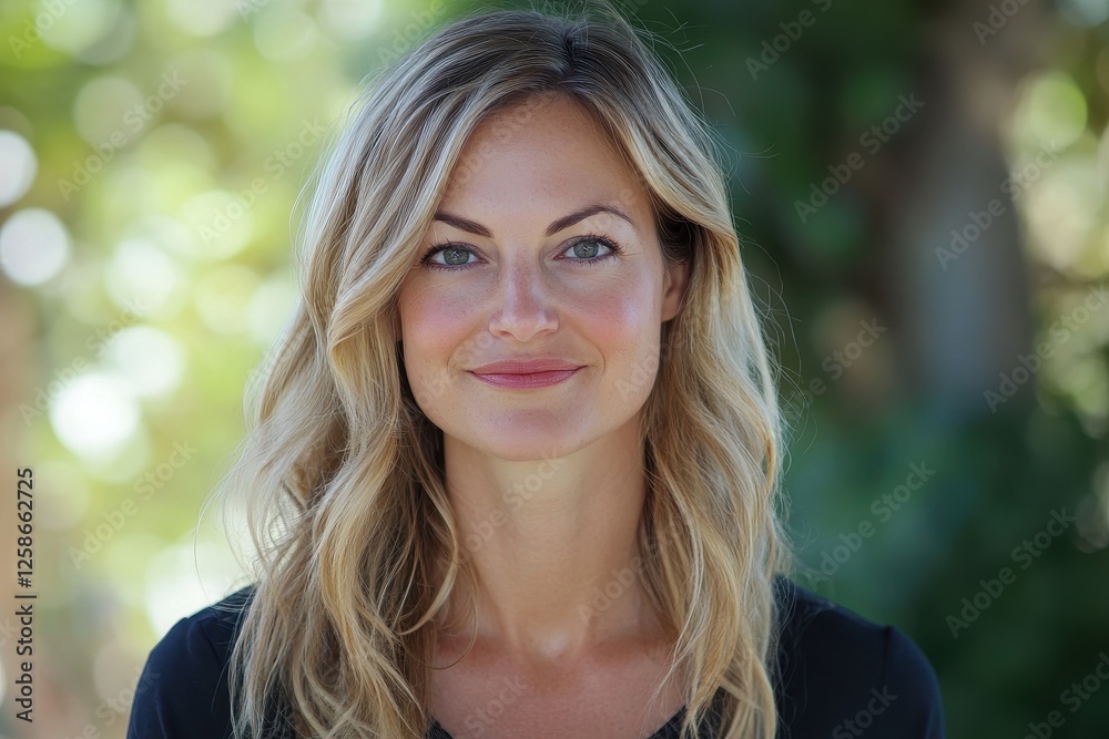 Smiling woman with long hair in a natural setting enjoying a sunny day Smiling woman with long hair in a natural setting enjoying a sunny day