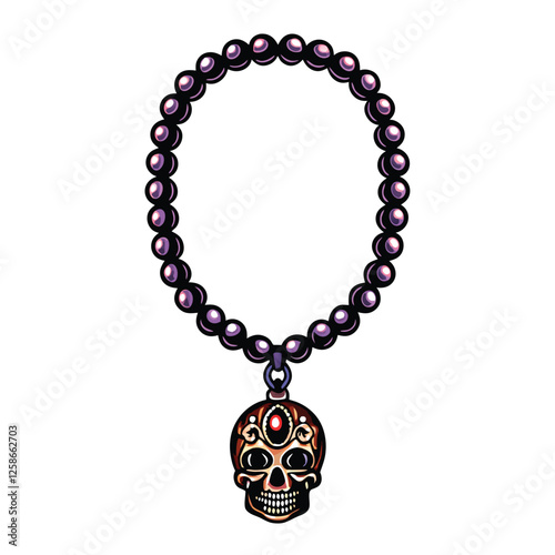Design a gothic necklace featuring a detailed skull pendant, incorporating dark jewel tones like amethyst and onyx.  Add intricate filigree detailing.