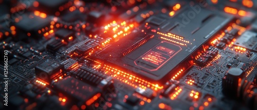 Close-up of a glowing red circuit board with a processor chip.