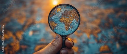 Hand Holding Magnifying Glass Over World Map