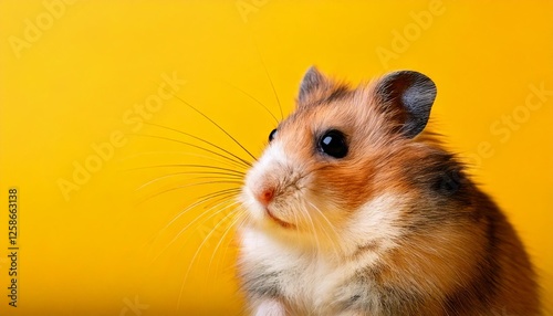 Close up photo of a cute hamster on a plain soft yellow background