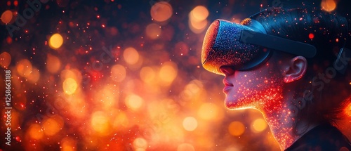 Woman Wearing VR Headset in a Sparkling, Abstract Background