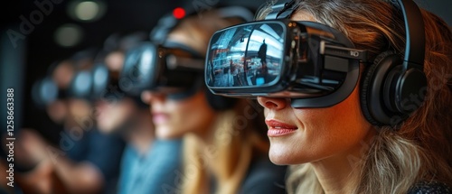 A Woman Wearing VR Headset and Headphones Immersed in a Virtual World