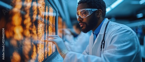 A Doctor Wearing Safety Glasses Examines a Medical Scan on a Screen