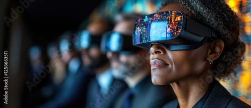 A Woman Wearing a VR Headset with a Cityscape Reflected in the Lenses