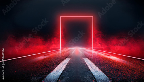 empty display scene historical past mirrored image of a dark road on moist asphalt rays of red neon mild inside the darkish neon shapes smoke summary darkish heritage