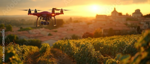 Red Drone Flying Over Vineyard at Sunset