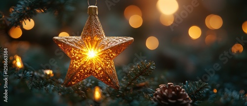 A Glowing Golden Star Ornament on a Christmas Tree