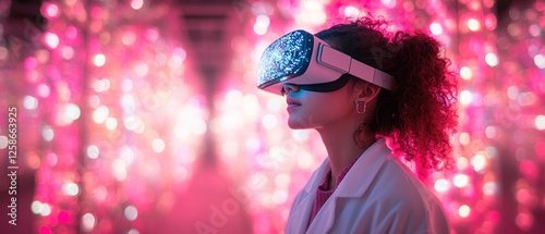 Woman in Virtual Reality Headset with Pink Bokeh Background