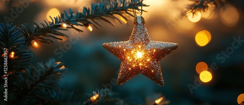 Sparkling Gold Star Ornament Hanging on a Christmas Tree Branch