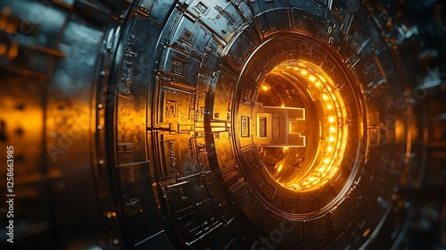 Glowing vault door embossed with discount symbols golden key inserted halfway soft light beaming