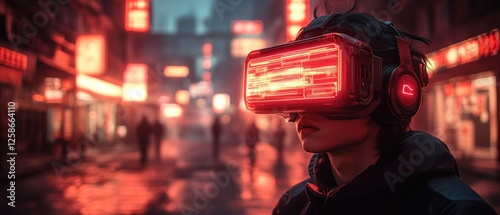 Person Wearing a Futuristic VR Headset Standing in a Red-Lit City Street