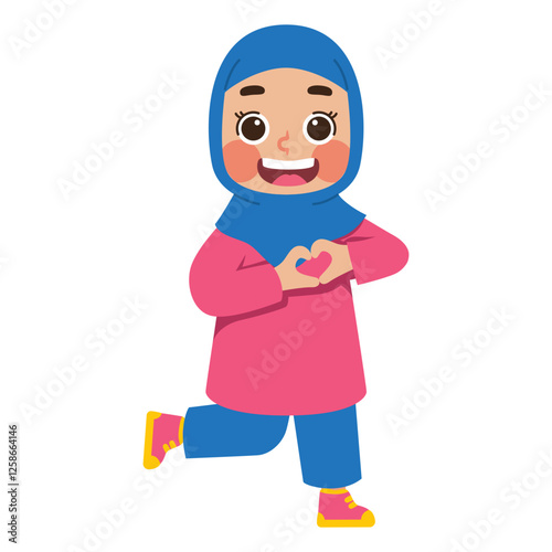 Happy hijab wearing girl making heart shape suitable for celebrating diversity, multiculturalism, Muslim culture, people, lifestyle, happiness, and emotions