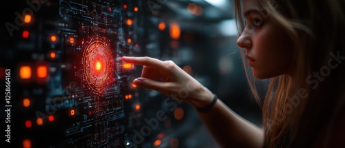 A Woman Interacts with a Glowing, Circular Interface