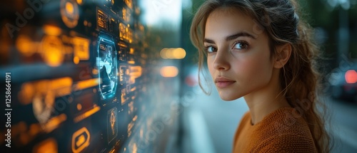 Woman Gazing at Futuristic Interface with Data and Map Display