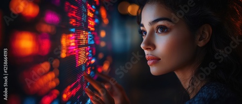 Woman in a Dark Setting Touching a Colorful Digital Display