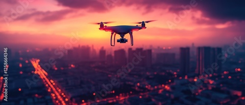 Drone Flying Over City at Sunset