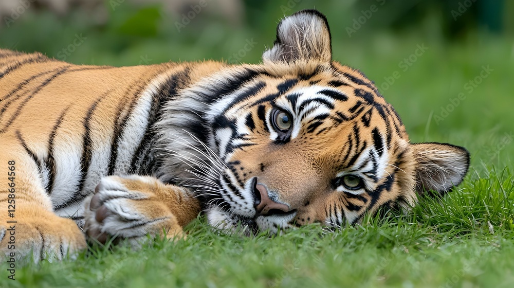 Obraz premium Closeup of a Resting Tiger in Lush Green Grass