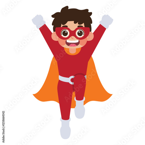 Joyful boy in a red superhero costume suitable for children's party invitations, superhero themed websites, comic book illustrations, and birthday cards