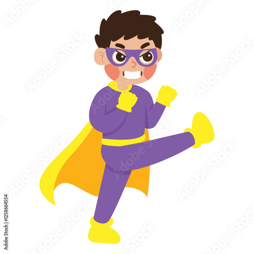 Superhero boy kicking with energy and determination, perfect for marketing campaigns, children's books, and superhero themed designs. Bold and dynamic