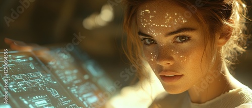Close-up of a Young Woman's Face with Digital Overlay