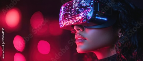 Woman in Virtual Reality Headset with Pink and Blue Lights