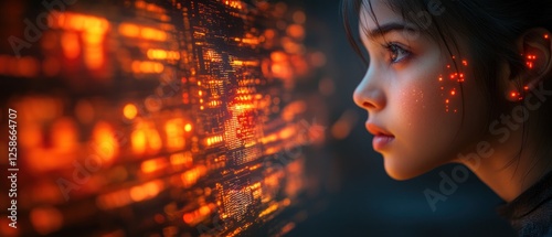 A Young Girl Gazing at a Glowing Digital Interface