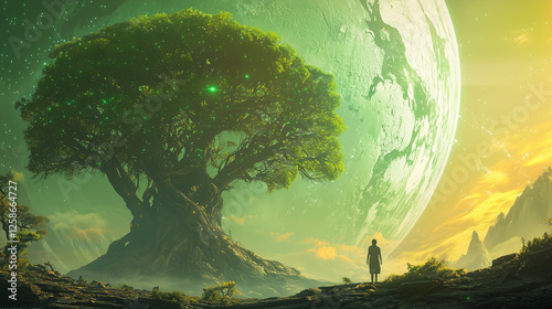 A lone figure gazes at a massive ancient tree glowing with energy on an alien world, with a giant planet looming in the sky
