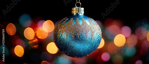 Blue Glitter Christmas Ornament Against a Background of Bokeh Lights