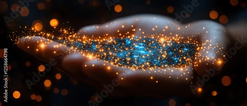 Hand Holding a Stream of Sparkling Blue and Gold Lights